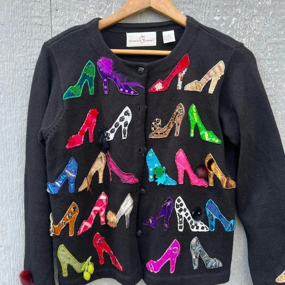 Women's Black Cardigan with Colorful Shoe Design - Picture 2 of 5